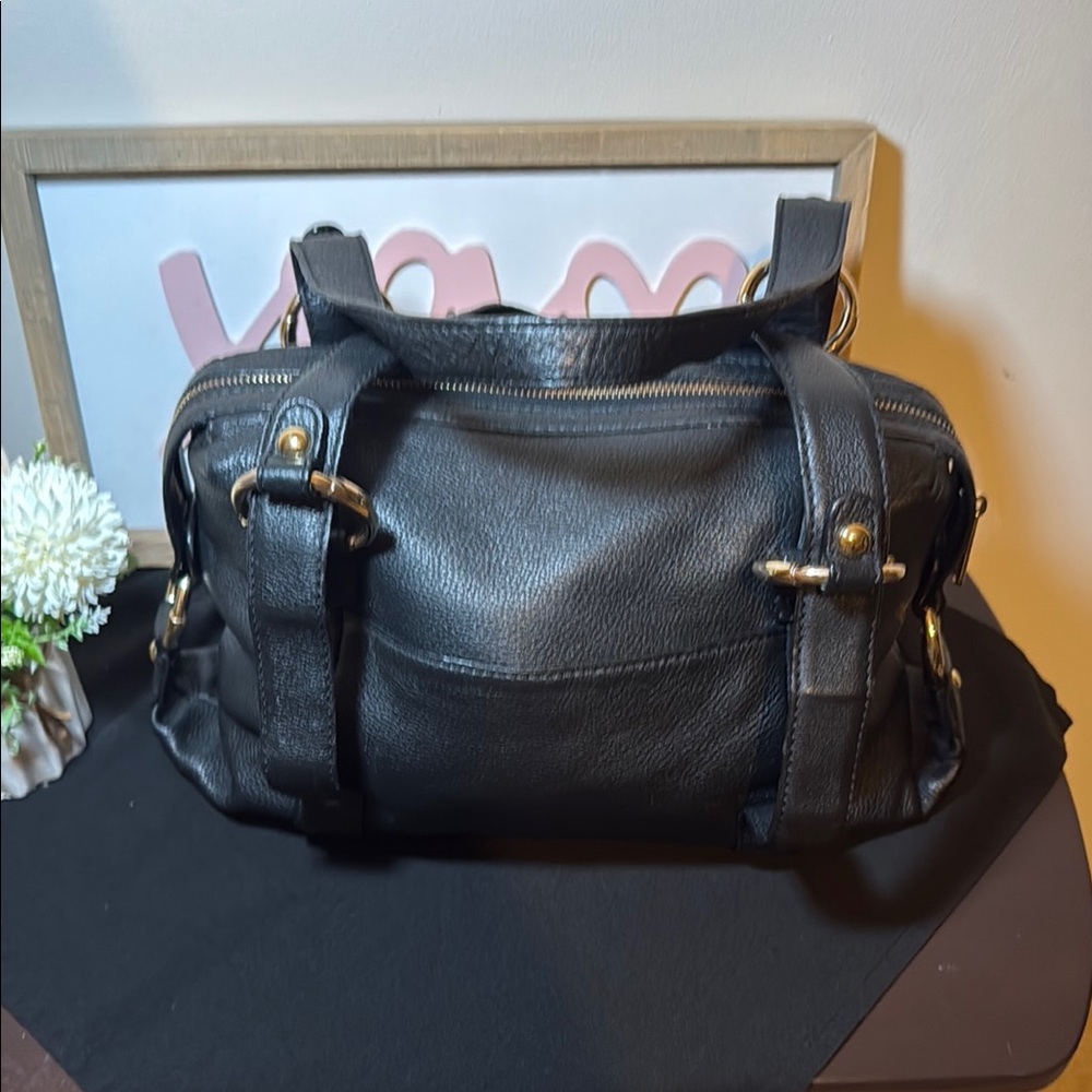 VINTAGE Y2K Michael Kors Black Fulton Pebbled Leather Satchel with Gold Hardware - Picture 10 of 16